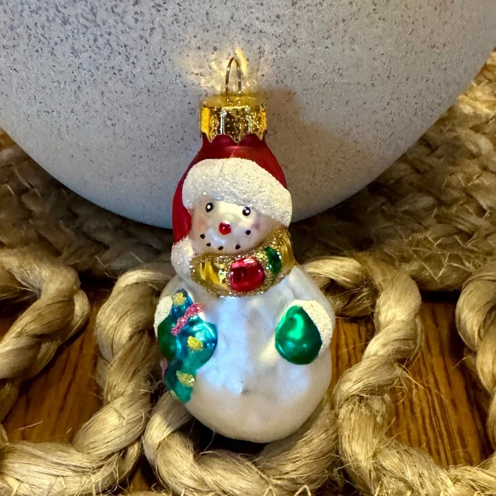 Vintage Blown Glass Snowman Christmas Ornament Glitter Scarf Stocking 3